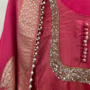 Pink Tissue Kurta With Gold Lurex Work - Image 6