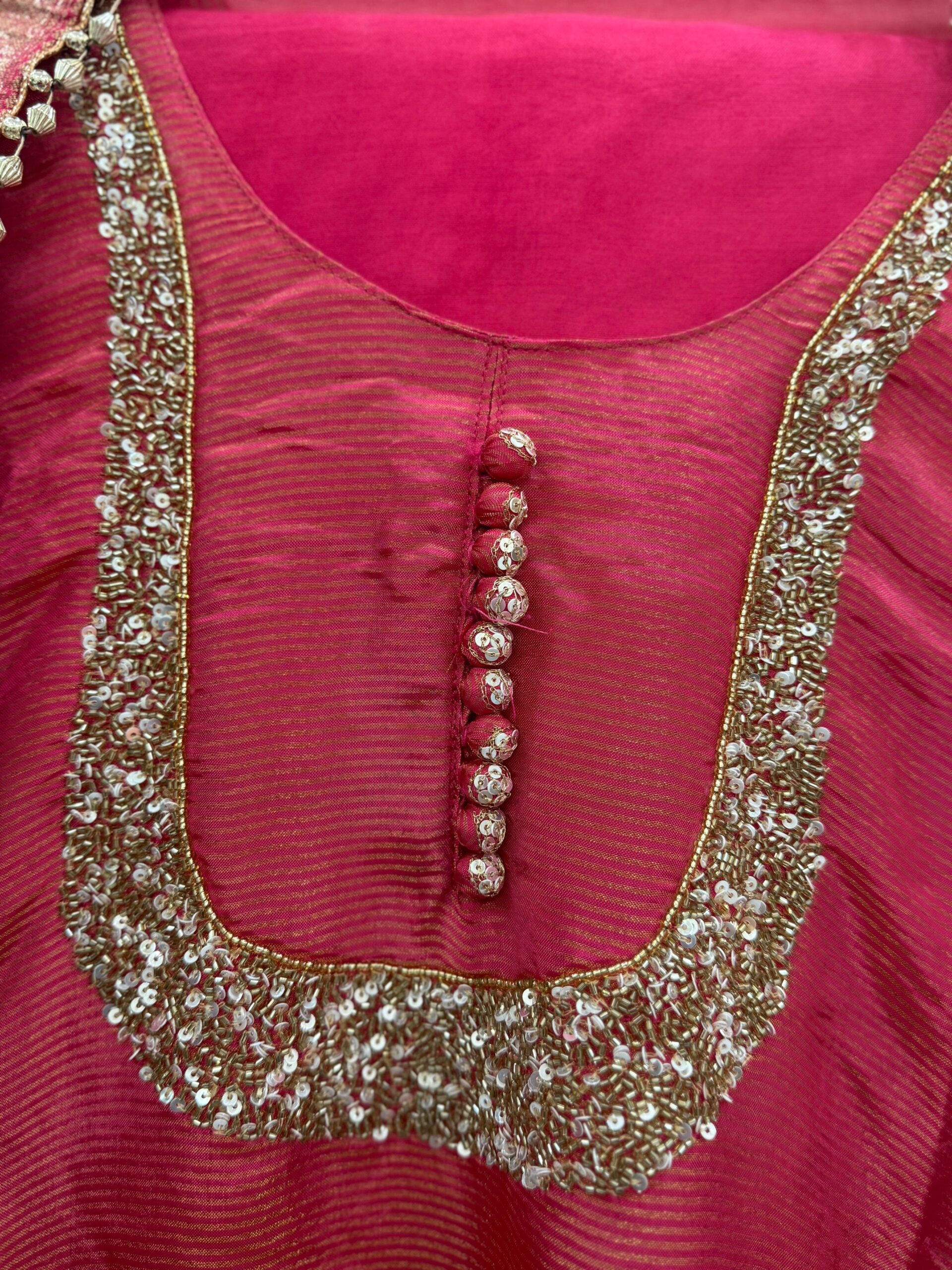 Pink Tissue Kurta With Gold Lurex Work - Image 5