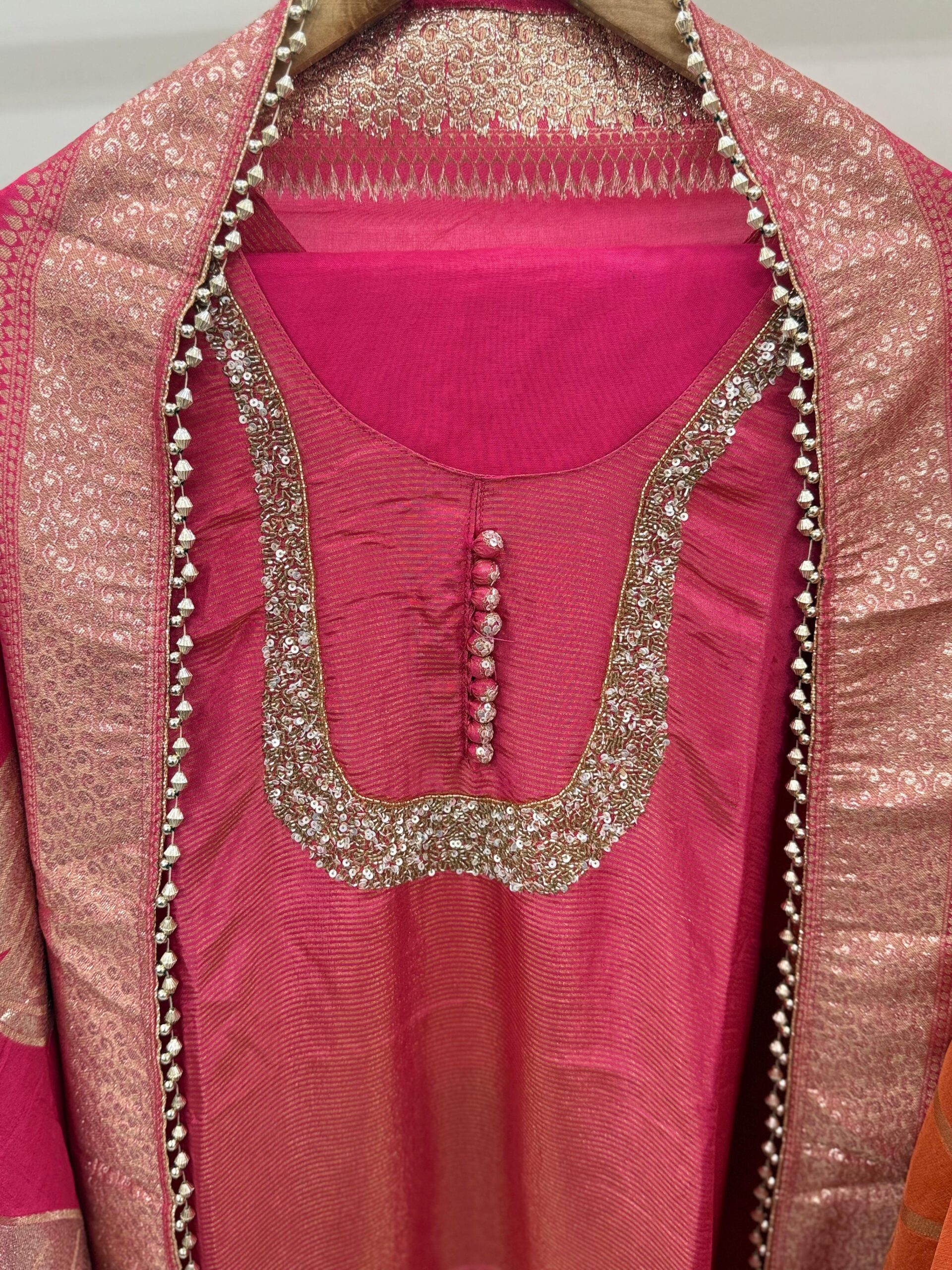 Pink Tissue Kurta With Gold Lurex Work - Image 2