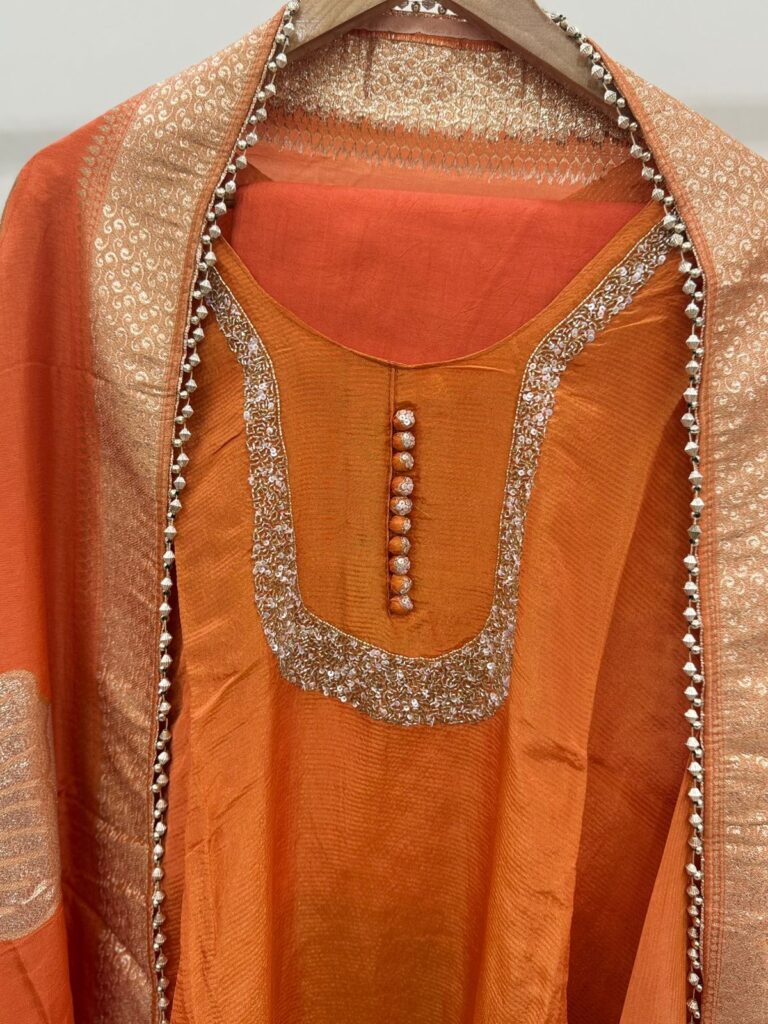 Orange Tissue Kurta With Gold Lurex Work
